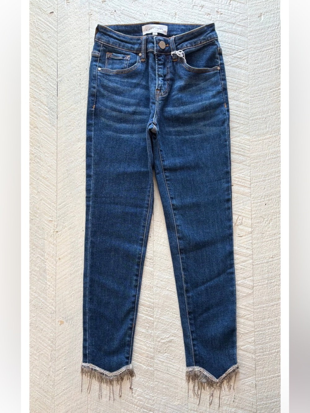 Risen Embellished Mid Rise Crop Straight Jeans in Dark